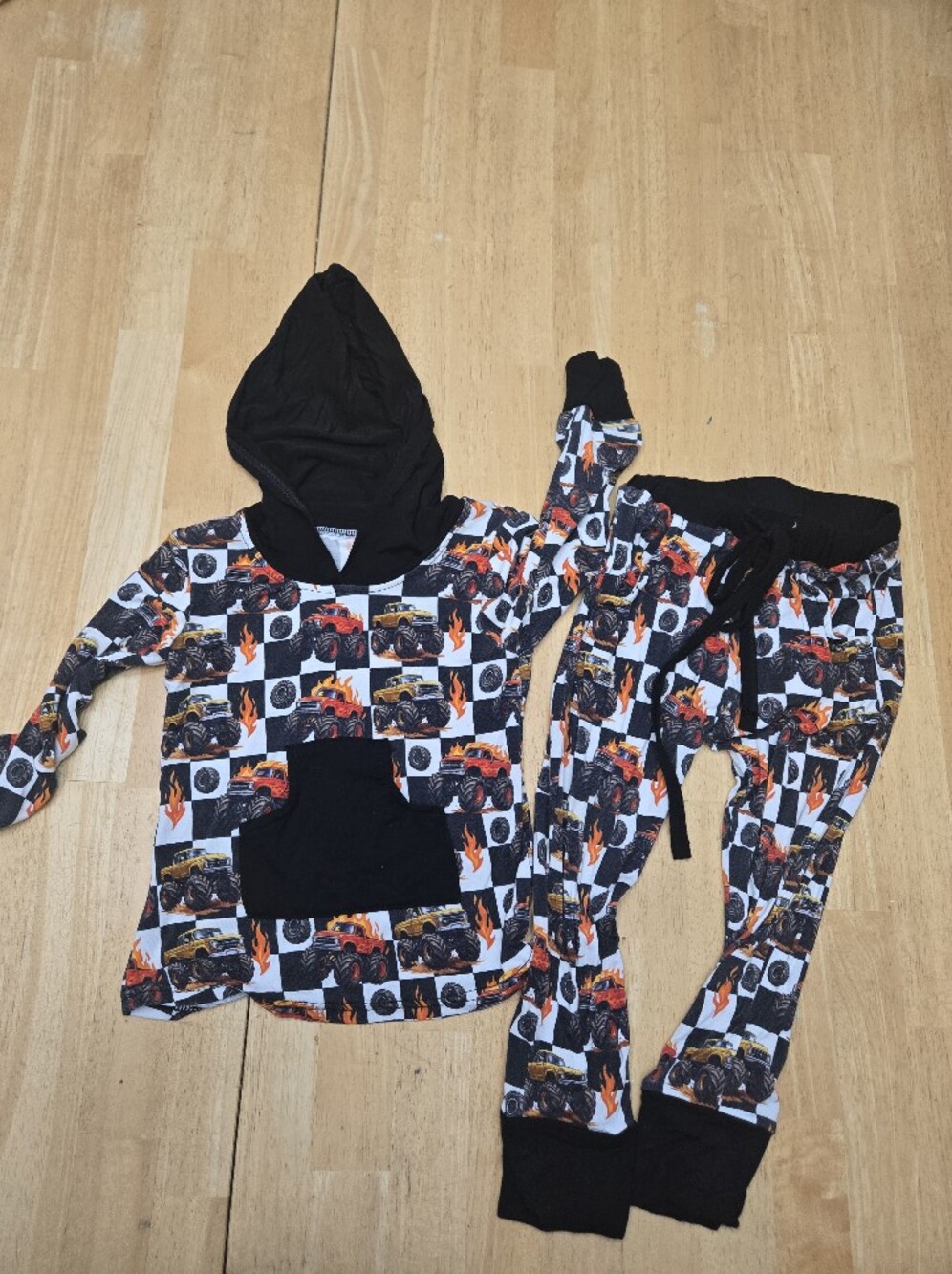 Kids Flame Monster Truck One-Piece Hoodie Romper - Black & White